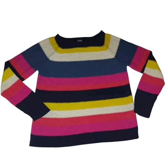 Chaps Sweater, Women's Size Medium Navy Blue Pink Yellow, Striped Bold - Picture 3 of 9